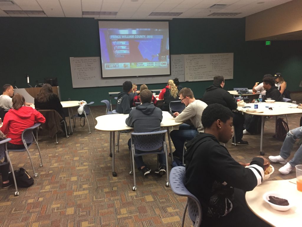 Ferris students gathered in the IRC to follow the election and enjoy some complimentary food in the election night event hosted by FSU's Political Engagement Project.