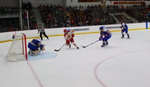 Junior forward Kaleb Ergang skates in on the Laker goaltender in the Bulldogs' Jan. 19 contest against Lake Superior State.